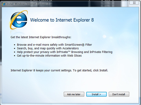 Internet Explorer 8 update message