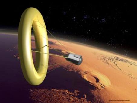 Global Aerospace concept of "lifting-towed-toroidal-ballute". Background: Tharsis Ridge, Mars.