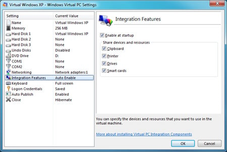 Windows XP Mode VM settings