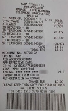 ASDA receipt for teaspoons showing ID required