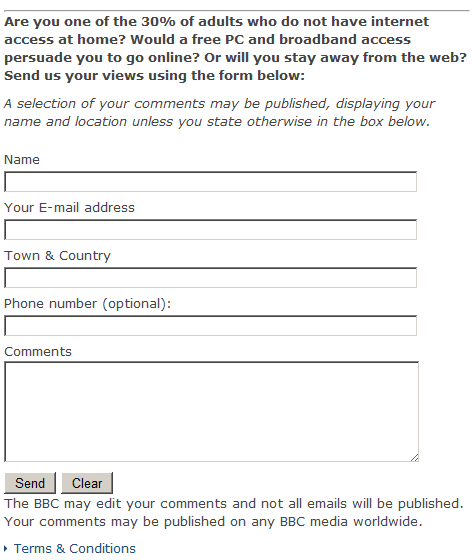 BBC online form inviting comments from those with not net connection