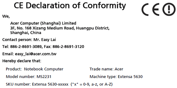Acer CE Declaration of Conformity signed by Easy Lai