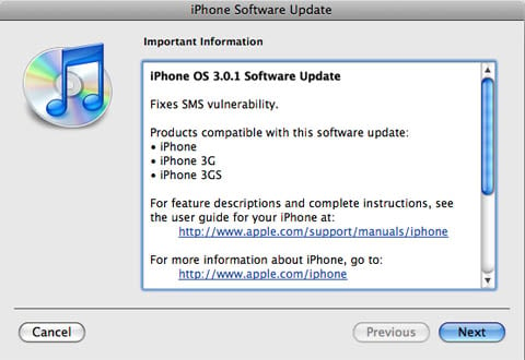 iTunes iPhone 3.0.1 info dialog