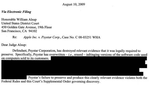 Apple's letter to US Court alleging Psystar document destruction