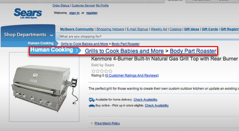 Screenshot of Sears.com page advertising baby roaster grill