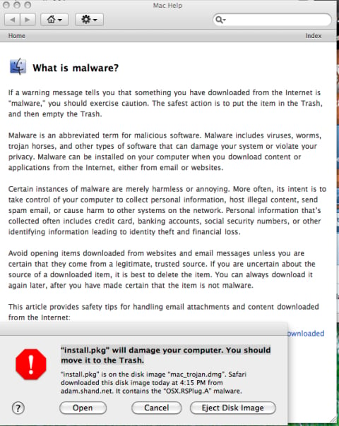 A screenshot of the Snow Leopard malware warning