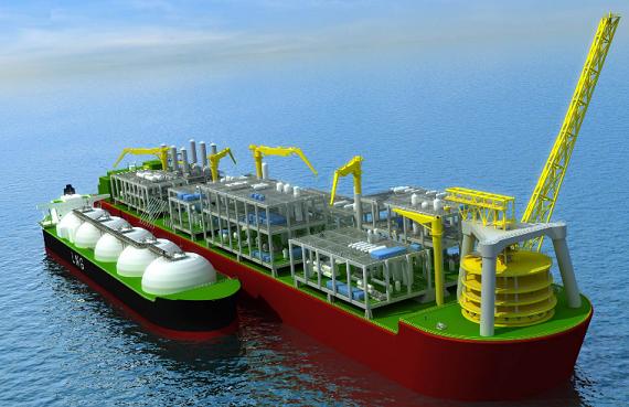 Artist's impression of an FLNG ship in operation, with a gas supertanker alongside to receive cargo. Credit: Shell