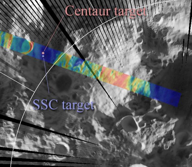 LRO Diviner thermal imagery of the LCROSS hits overlaid on a daytime Moon map. Credit: NASA