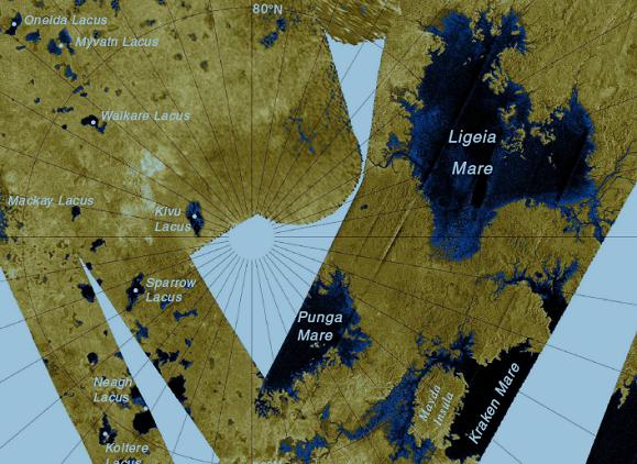 The hydrocarbon lakes of Titan's north polar region. Credit: NASA