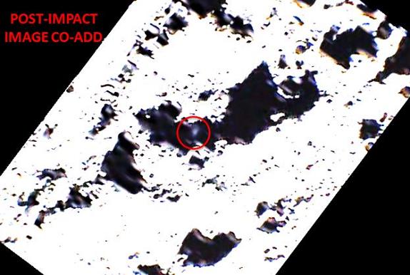 Three separate visual images from LCROSS SS overlaid onto one another show a faint debris plume from Centaur impact. Credit: NASA