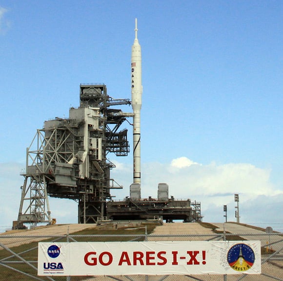 The Ares I-X on the launchpad. Pic: NASA