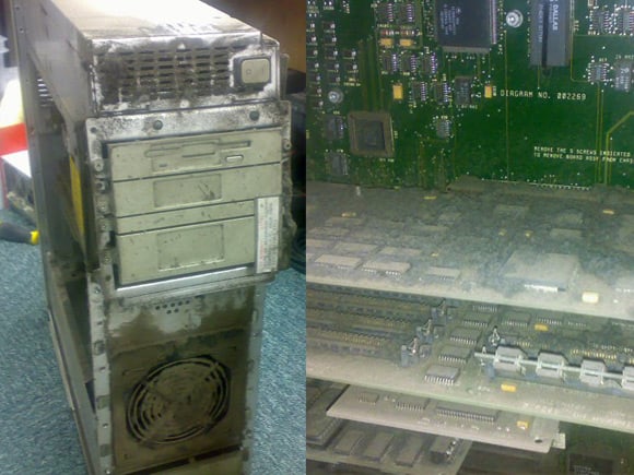 Montage of dust-encrusted PC case and boards