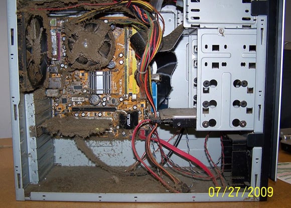 PC interior showing a nasty case of the dustbusted fans