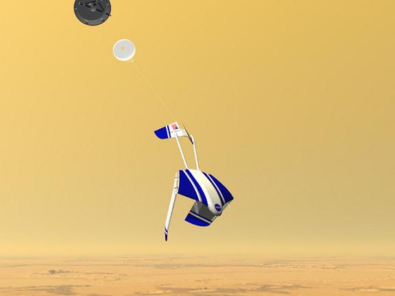 Concept of the ARES droid-plane unfurling in the skies above Mars. Credit: NASA Langley