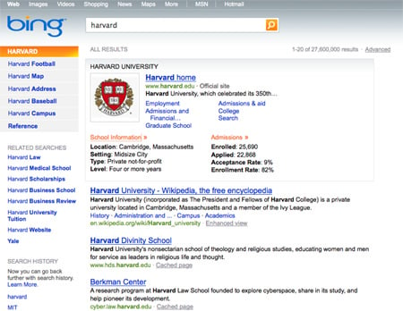 Bing's Harvard search results