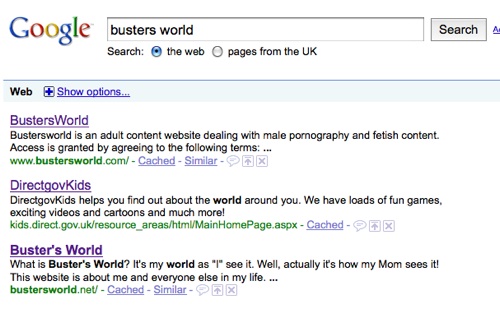 Google search for Buster's World