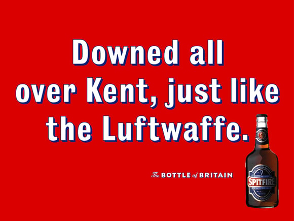 Spitfire Ale poster reading "Downed all over Kent, just like the Luftwaffe"