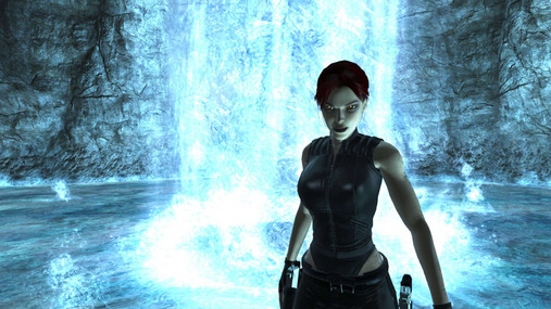 Lara Croft in front of pool and waterfall inside cavern