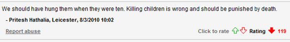 Mail comment: We should have hung them when they were ten. Killing children is wrong and should be punished by death.