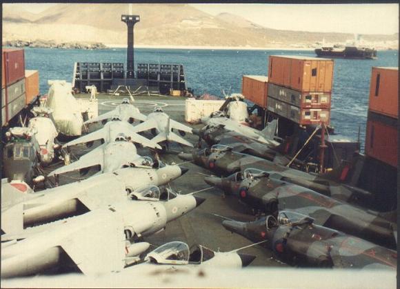 A merchant ship making creative use of containers in the Falklands War. Credit: CPO Bob Gellett