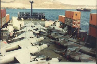 A merchant ship making creative use of containers in the Falklands War. Credit: CPO Bob Gellett