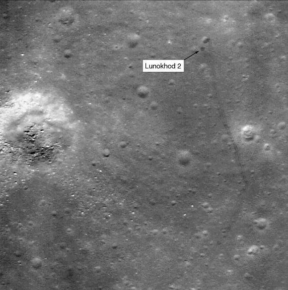 NASA LRO imagery showing tracks and final resting place of Lunokhod-2