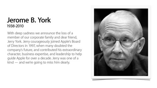 Apple's home page on March 18, noting the death of Jerry York