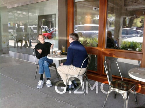 Steve Jobs and Eric Schmidt chatting over coffee in Palo Alto