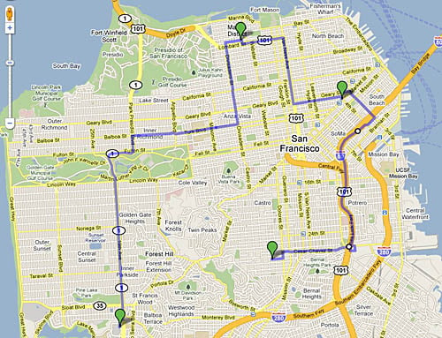 The three Apple stores in San Francisco, and the route between them