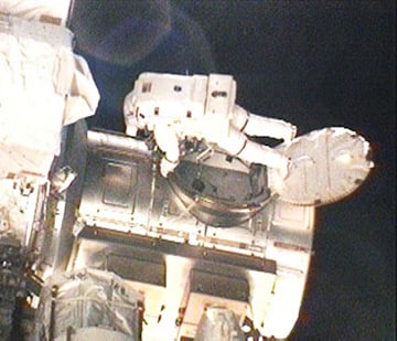Rick Mastracchio exits the Quest airlock today. Pic: NASA TV