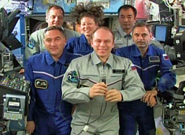 The Expedition 23 crew during yesterday's chat with Dmitry Medvedev. Pic: NASA TV