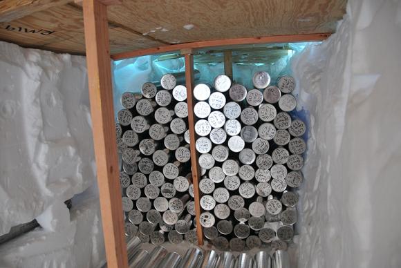 Ice cores stored in a snow trough at the Bruce Plateau camp. Credit: Ellen Mosley-Thompson, OSU