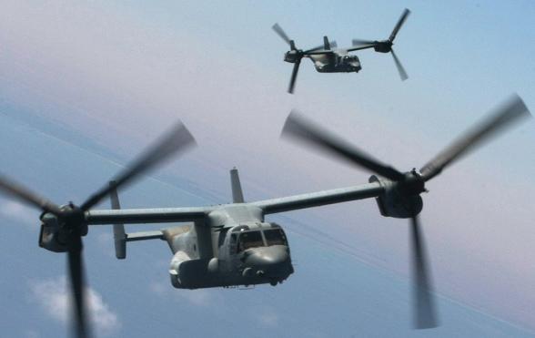 US Marine Corps V-22 Ospreys flying in formation. Credit: USMC