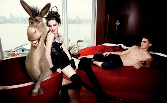Shrek's donkey poses with male and female model. Pic: VMan