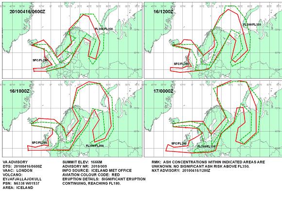 Volcanic ash graphic 16 April 2010. Credit: London VAAC