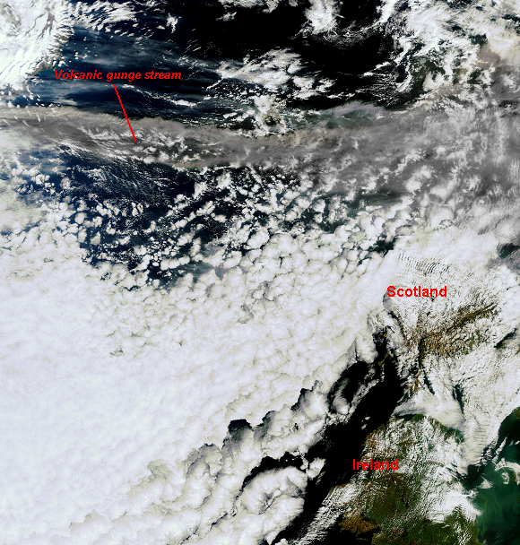 Envisat image of the Icelandic volcano ash plume 15 April 2010, 13.25 CEST. Credit: ESA