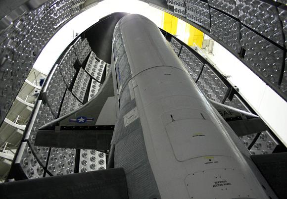 The X-37B unmanned spaceplane being prepared for launch. Credit: USAF