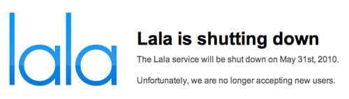 Lala's home page, announcing the shutdown