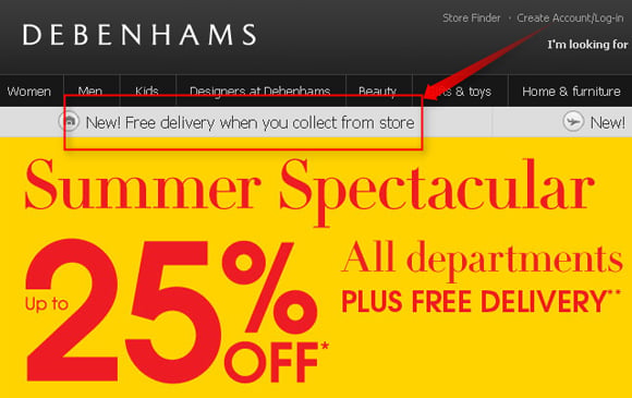 Free delivery when you collect from store, declares Debenhams website