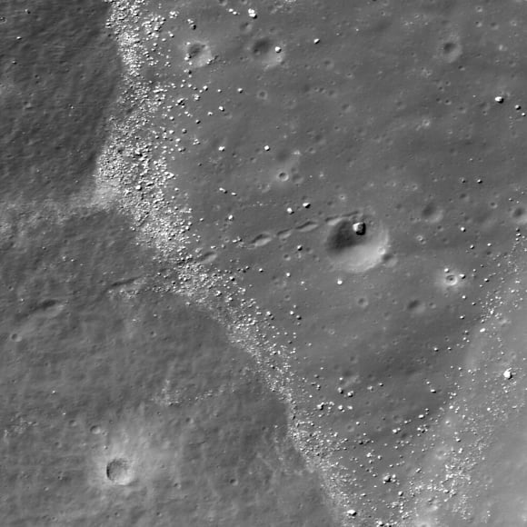 LRO imagery of a boulder trail ending in a crater. Credit: LROC
