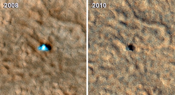 Phoenix in 2008 and 2010, captured by the Mars Reconnaissance Orbiter. Pic: NASA