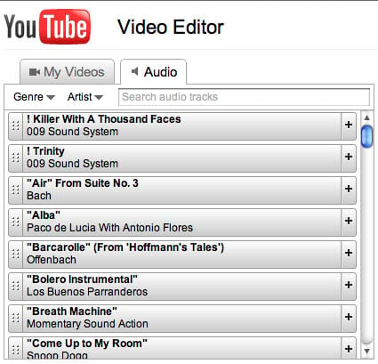 YouTube Video Editor tunes list