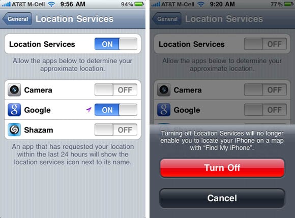 Turning off Location Services in iPhone iOS 4