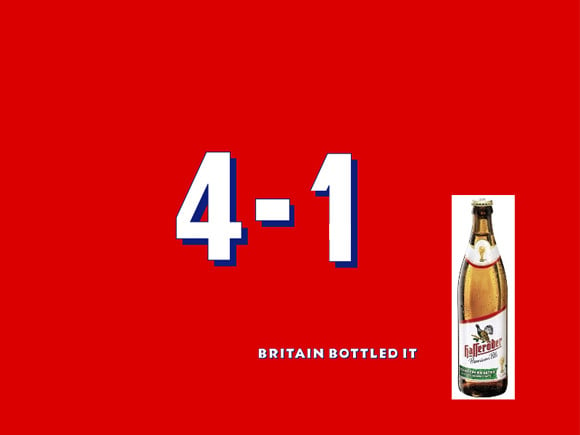Spoof of Shepherd Neame Spitfire poster: 4-1 Britain bottled it