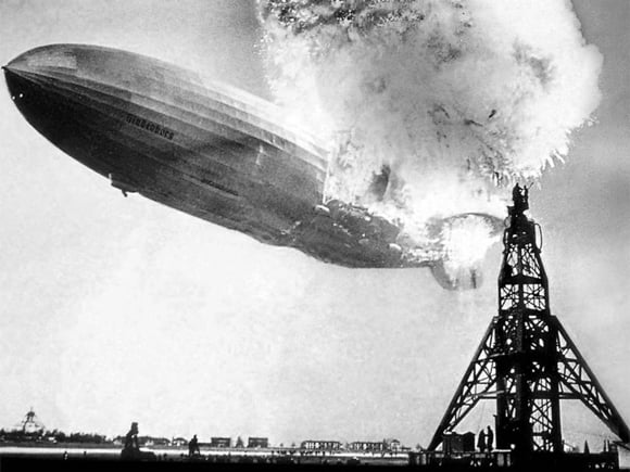 The Hindenburg, on fire and doomed above Lakehurst