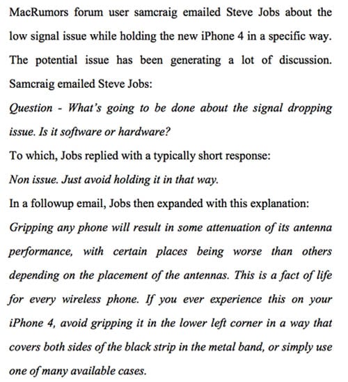 Excerpt from iPhone 4 antenna-problems lawsuit
