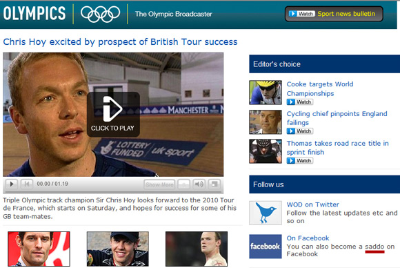 BBC Olympic website inviting readers to "become a saddo on Facebook"