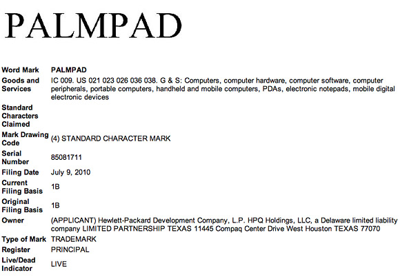 HP Palmpad trademark filing