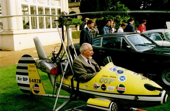 The Little Nellie autogyro as used by James Bond, with designer Ken Wallis at the controls