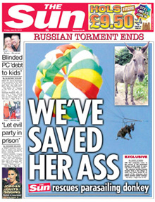 Today's Sun front page, featuring donkey rescue piece